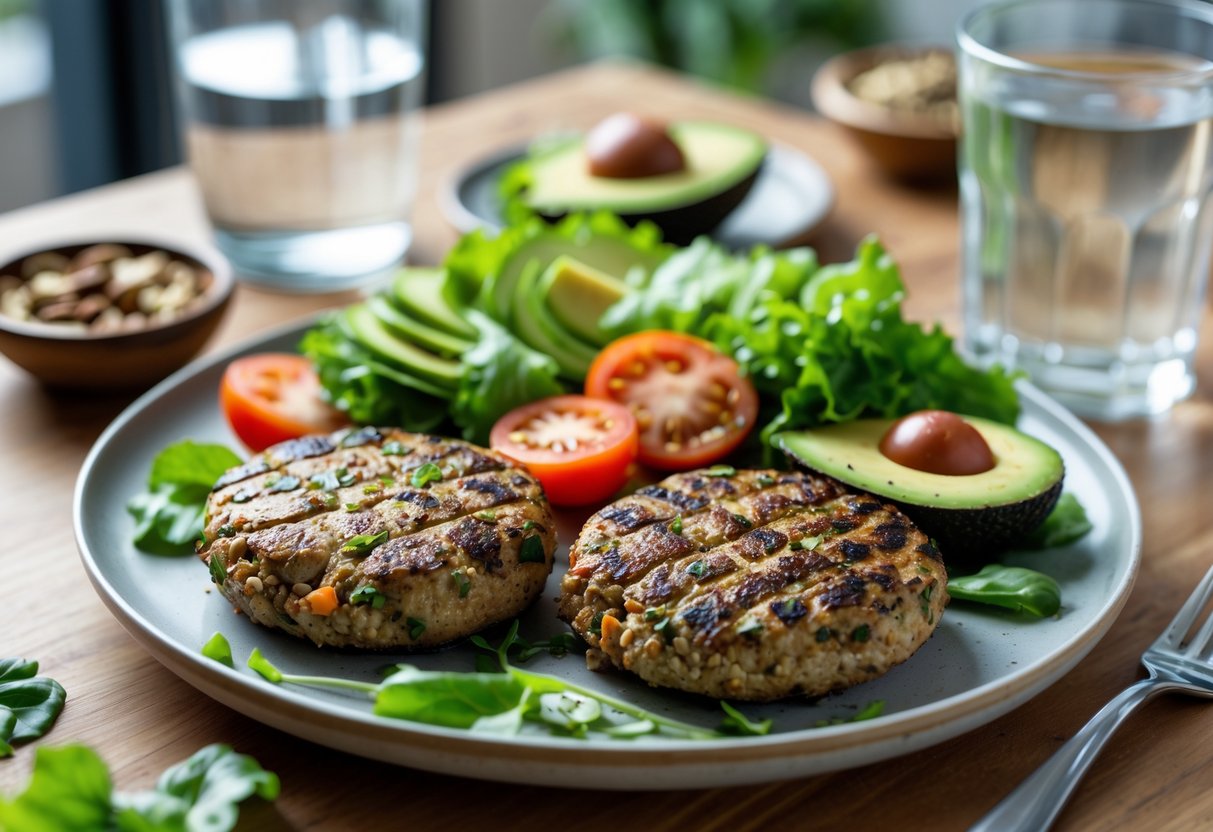A plate with grilled plant-based burger patties surrounded by fresh vegetables on a wooden table, with a glass of water and a bowl of nuts in the background.
