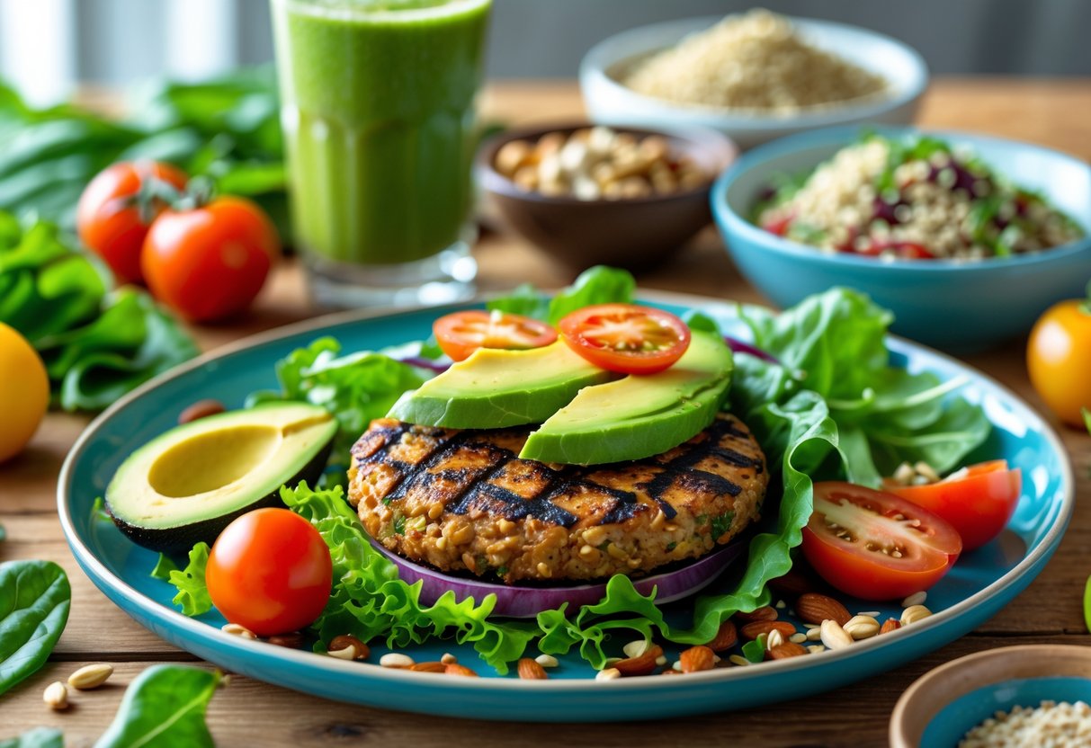 A plate with a grilled plant-based burger topped with fresh vegetables, surrounded by fresh greens, nuts, and a glass of green smoothie on a wooden table.
