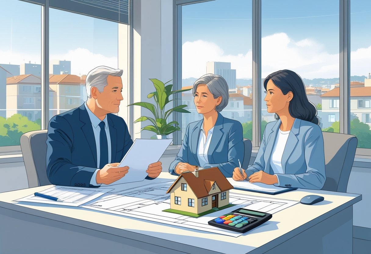 Ein Paar sitzt in einem Büro mit einem Gutachter an einem Tisch mit Hausmodellen und Plänen, sie führen ein ernstes Gespräch.