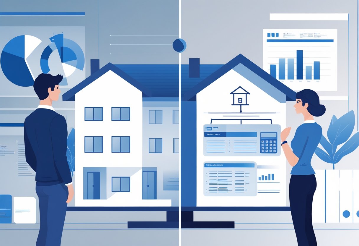 Ein Haus, das durch eine Linie geteilt ist, mit einem Mann und einer Frau auf beiden Seiten, die das Haus betrachten. Dazwischen steht eine Waage mit einem Haus auf der einen und einem Dokument auf der anderen Seite.