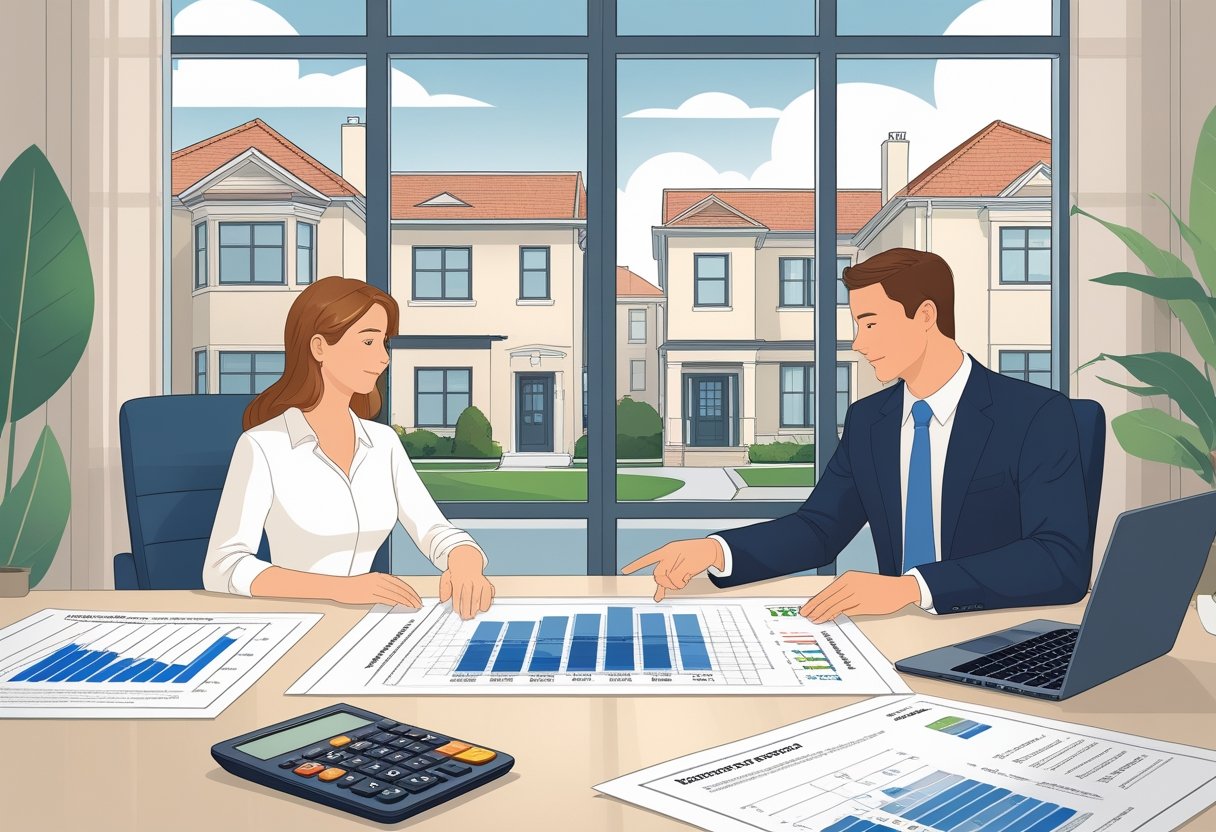 Ein Mann und eine Frau sitzen mit einem Immobilienexperten an einem Tisch, der auf Pläne und Dokumente zeigt, im Hintergrund sind Wohnhäuser zu sehen.