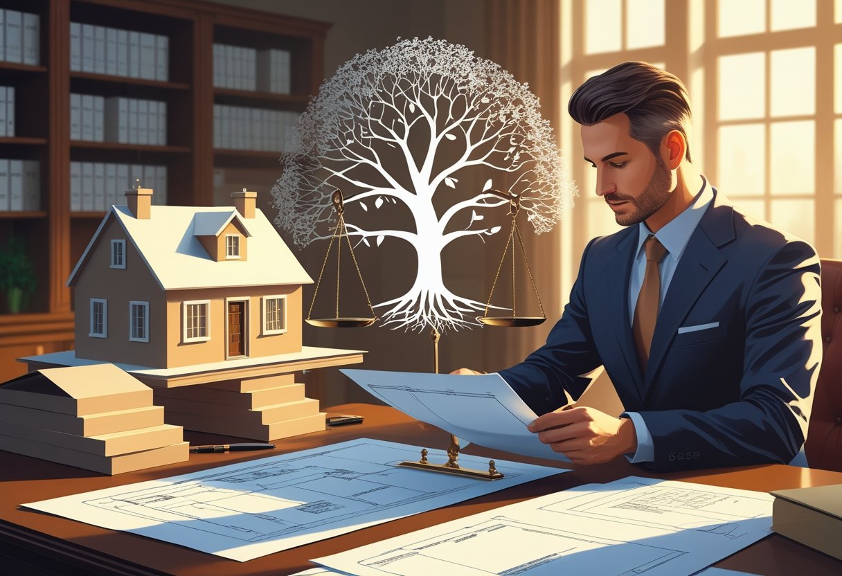 Ein Gutachter in einem Büro prüft Unterlagen und ein Modell eines Hauses, neben ihm ist eine Waage mit Hausmodell und Dokument, im Hintergrund ein stilisierter Stammbaum.