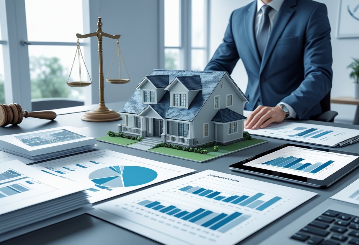 Ein Experte prüft Immobilienunterlagen und ein Gebäudemodell in einem Büro, mit juristischen Symbolen im Hintergrund.