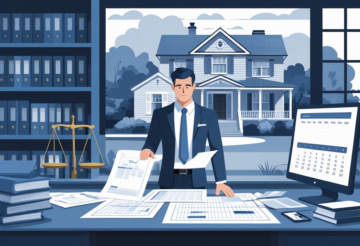Ein Experte prüft Dokumente und Pläne eines Hauses in einem Büro mit einem Waage-Symbol und einem Familienhaus im Hintergrund.