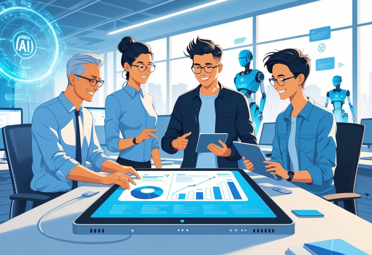 Three employees of different ages working together around a digital table with AI data in a modern office, showing collaboration and technology.
