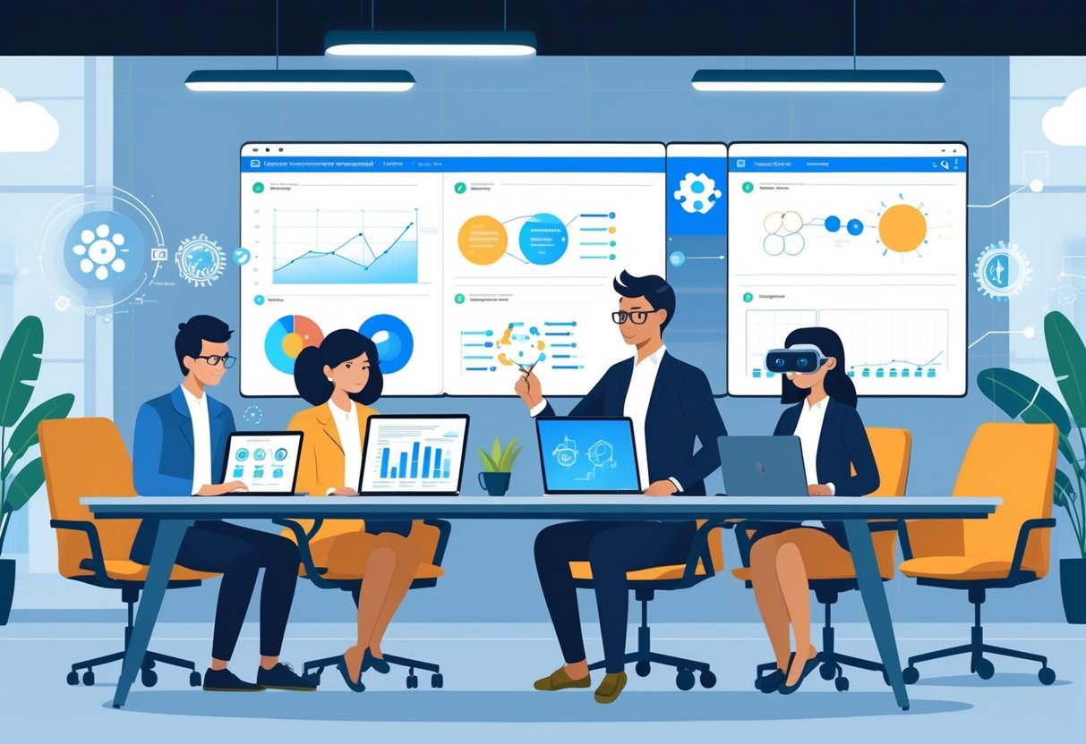 Three employees from different generations working together in an office using AI technology and digital devices.