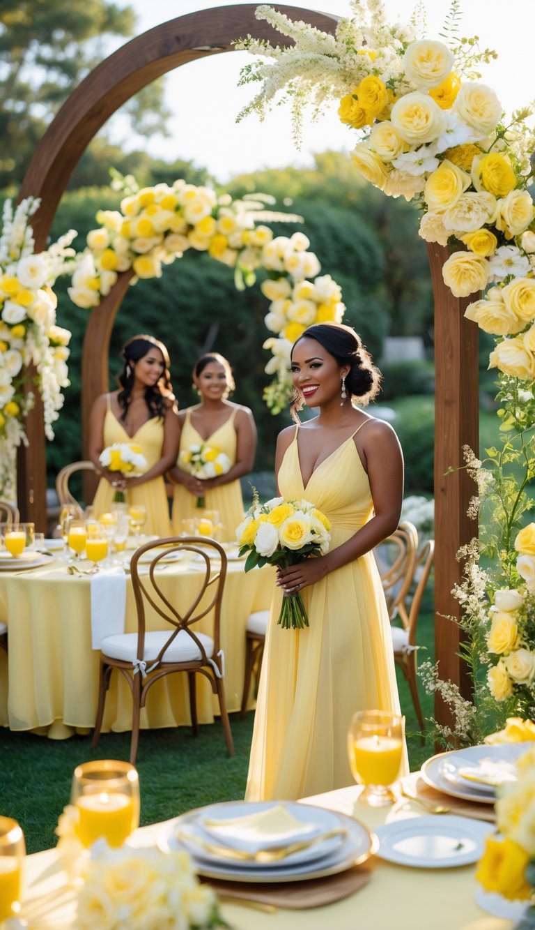 An outdoor wedding setup with butter yellow flowers, table settings, and bridesmaids in yellow dresses surrounded by greenery.