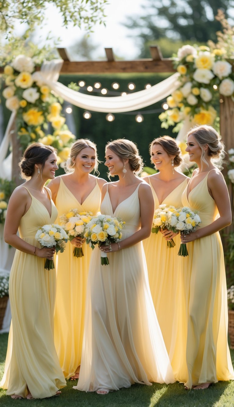 A group of bridesmaids in butter yellow dresses standing together outdoors with flowers and wedding decorations.