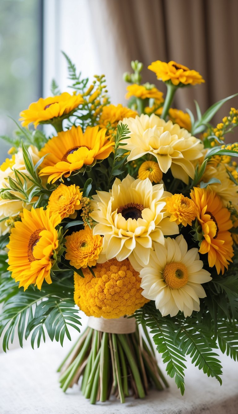 A bouquet of marigold and sunflower flowers in shades of yellow with green leaves.