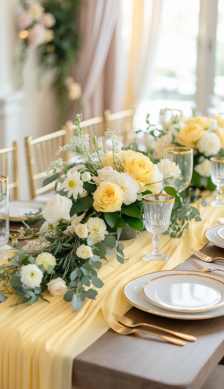 A wedding table decorated with butter yellow table runners, floral arrangements, and elegant tableware.
