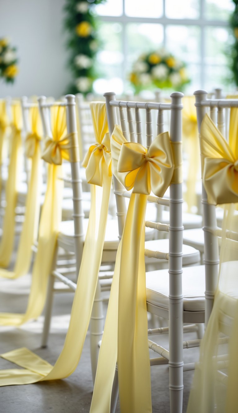Rows of wedding chairs decorated with butter yellow ribbon bows tied around their backs in a bright venue with floral decorations.