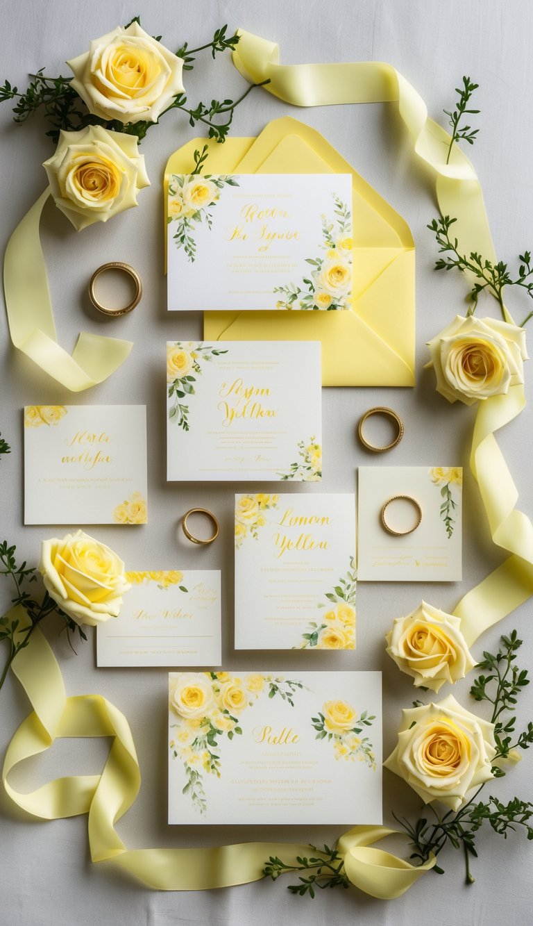A collection of yellow wedding invitations surrounded by yellow flowers, greenery, ribbons, and wedding rings on a neutral background.