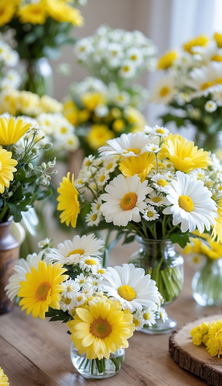 A table with floral arrangements of yellow buttercups and white daisies in vases.