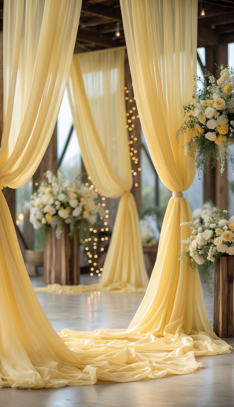 Wedding venue decorated with soft butter yellow drapery and floral arrangements.