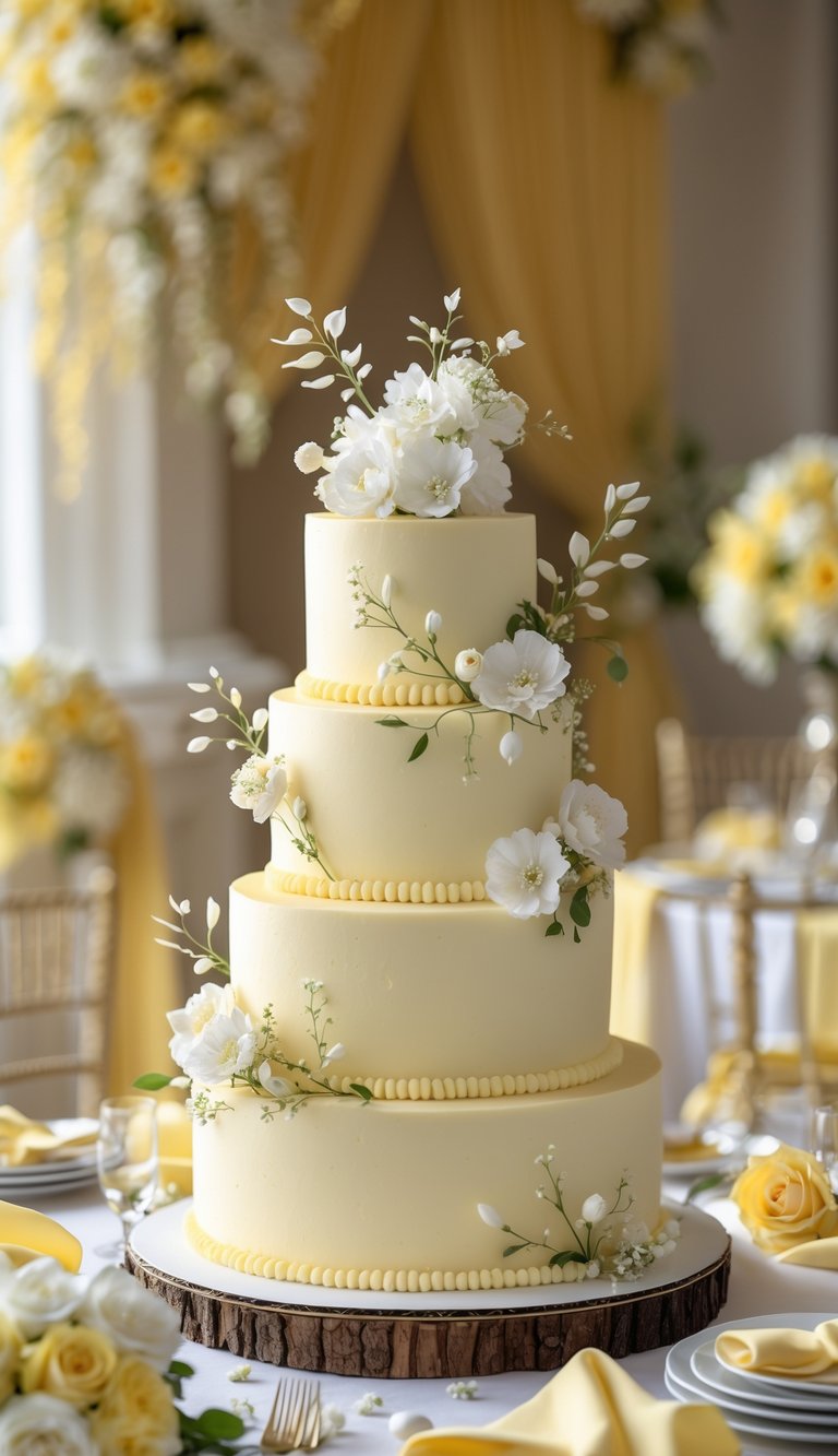 A multi-tiered butter yellow wedding cake with white icing and floral decorations on a decorated table.
