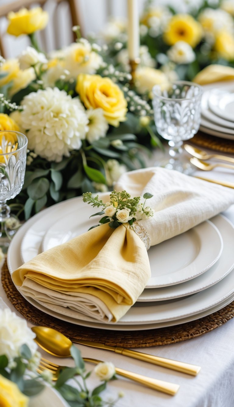 A wedding table setting with yellow and ivory linen napkins, white plates, flowers, and gold cutlery.