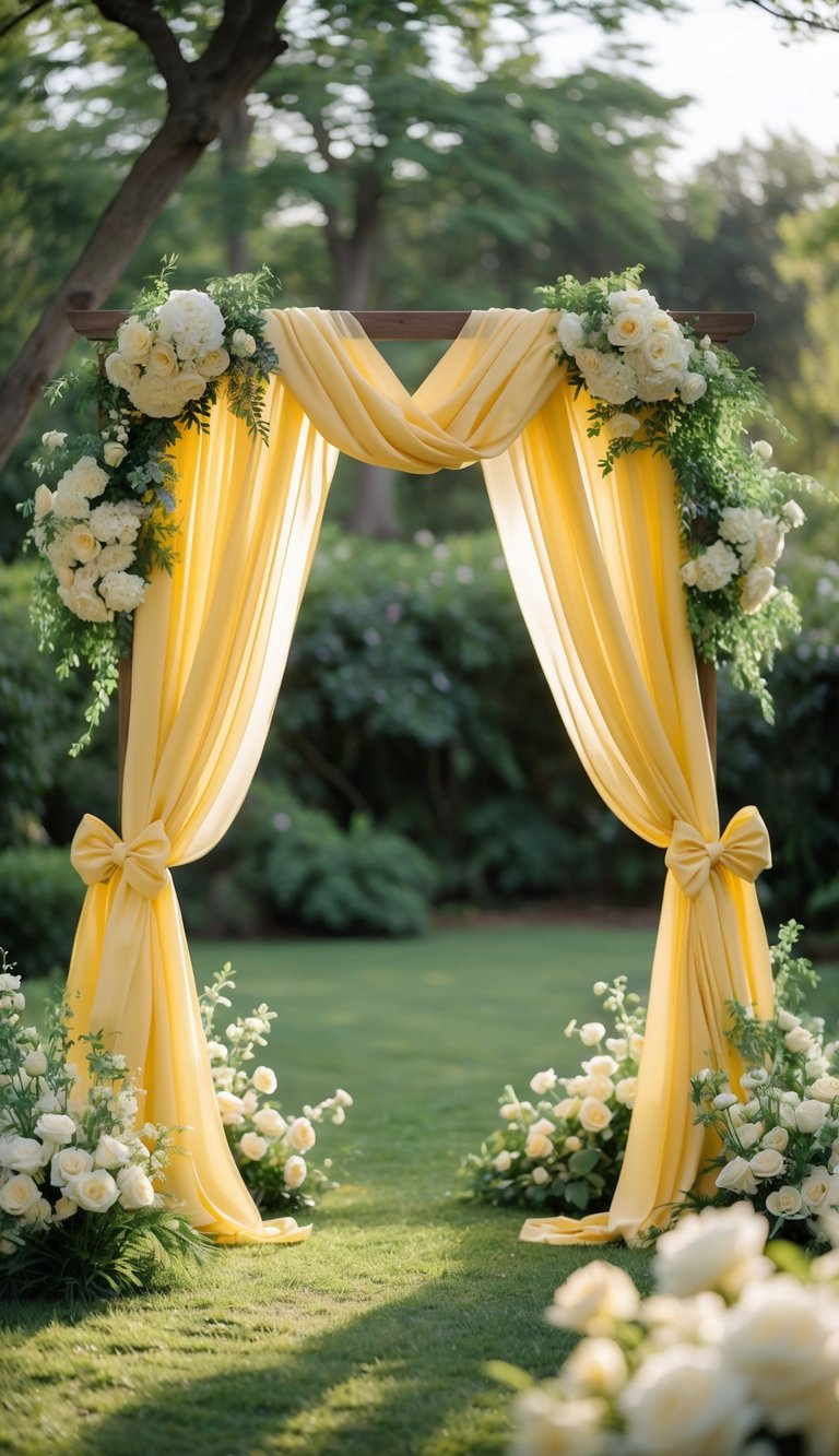 A wedding arch decorated with flowing butter yellow sashes and surrounded by flowers in a garden setting.