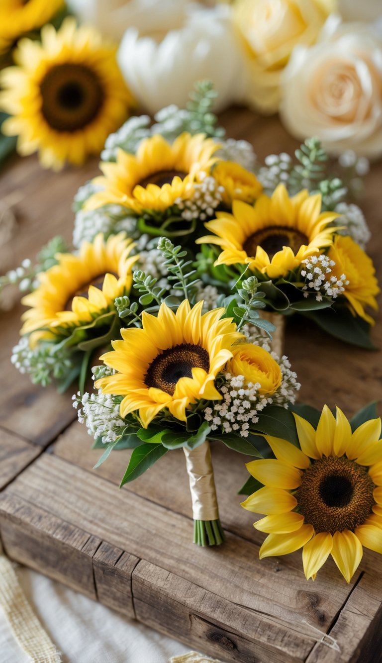 Close-up of sunflower boutonnieres arranged on a wooden surface with wedding-themed decorations in the background.