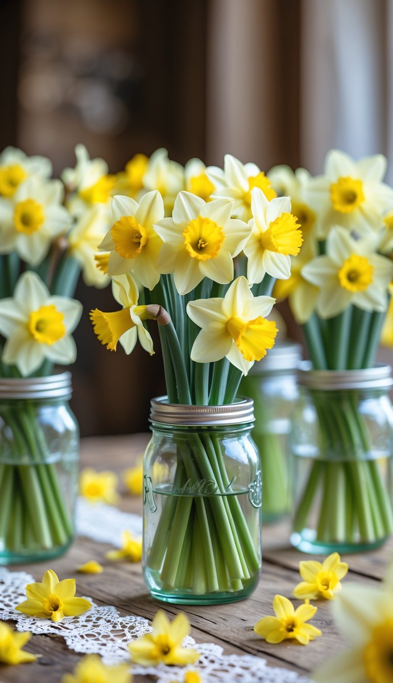 Mason jars filled with yellow daffodils arranged as centerpieces on a wooden table.