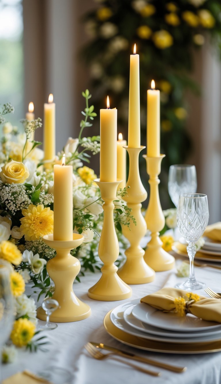 A wedding table set with butter yellow candle holders, flowers, and elegant tableware creating a warm and inviting atmosphere.