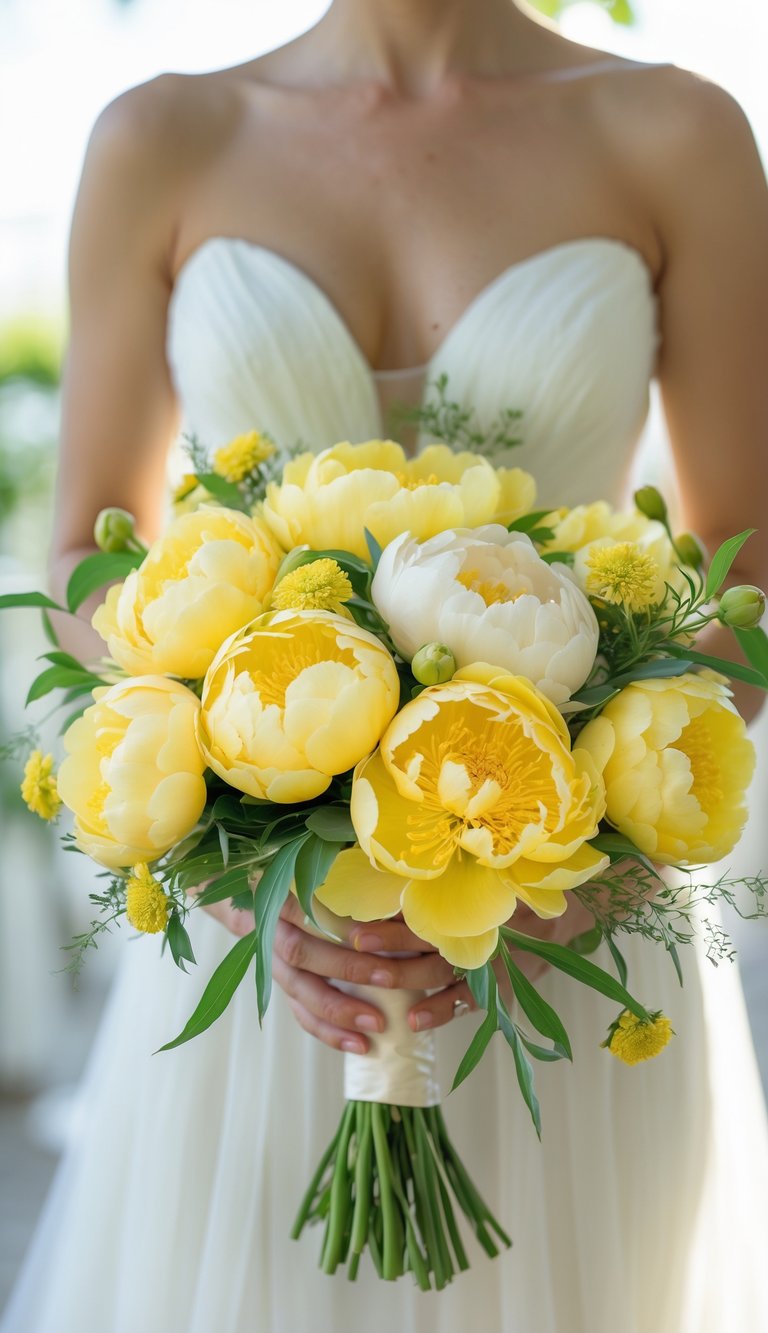 A bridal bouquet of yellow peonies and greenery held by a bride in a white dress.
