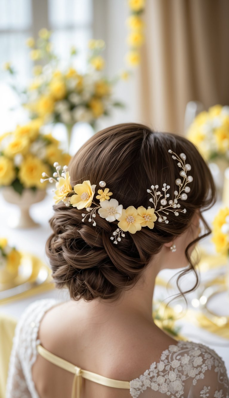 Close-up of butter yellow bridesmaid hair accessories in styled hair with matching wedding decorations in the background.