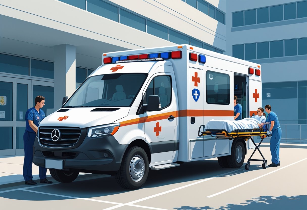 Ambulância de transporte estacionada em frente a um hospital com paramédicos carregando um paciente em uma maca para dentro do veículo.