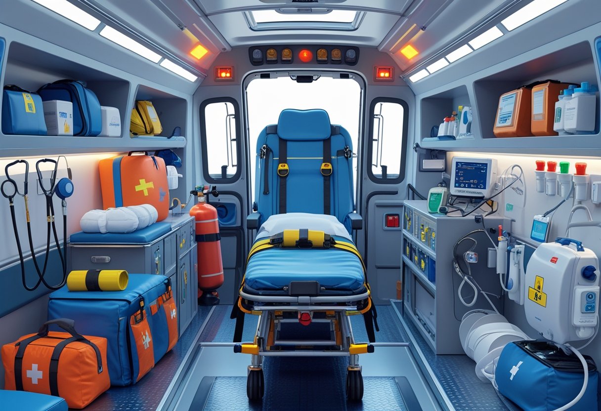 Interior de uma ambulância de transporte mostrando uma maca, cilindro de oxigênio, desfibrilador portátil, bolsas de materiais médicos e instrumentos organizados.