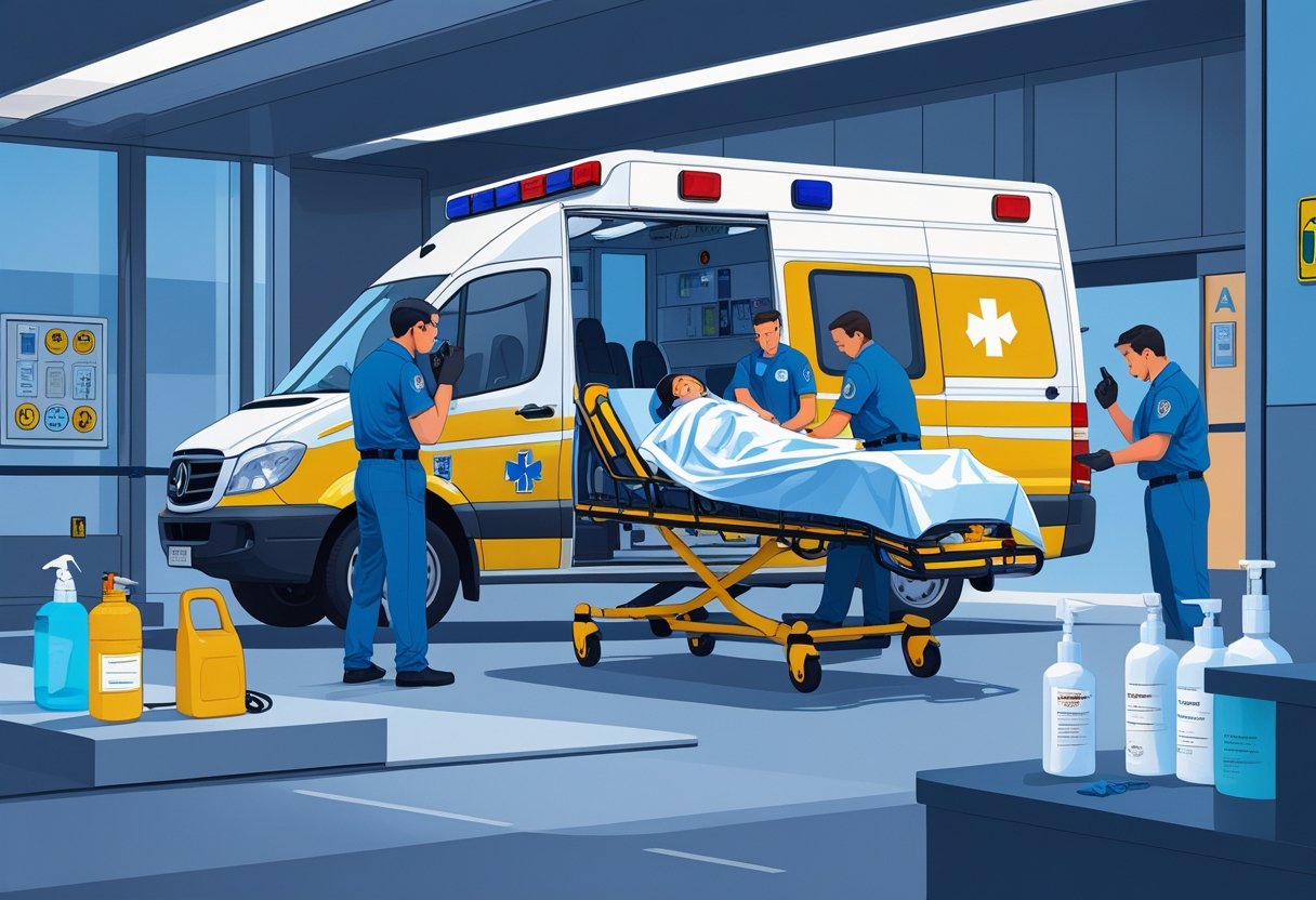 Paramédicos transportando um paciente em uma ambulância próxima a um hospital, mostrando equipamentos médicos e procedimentos de segurança.