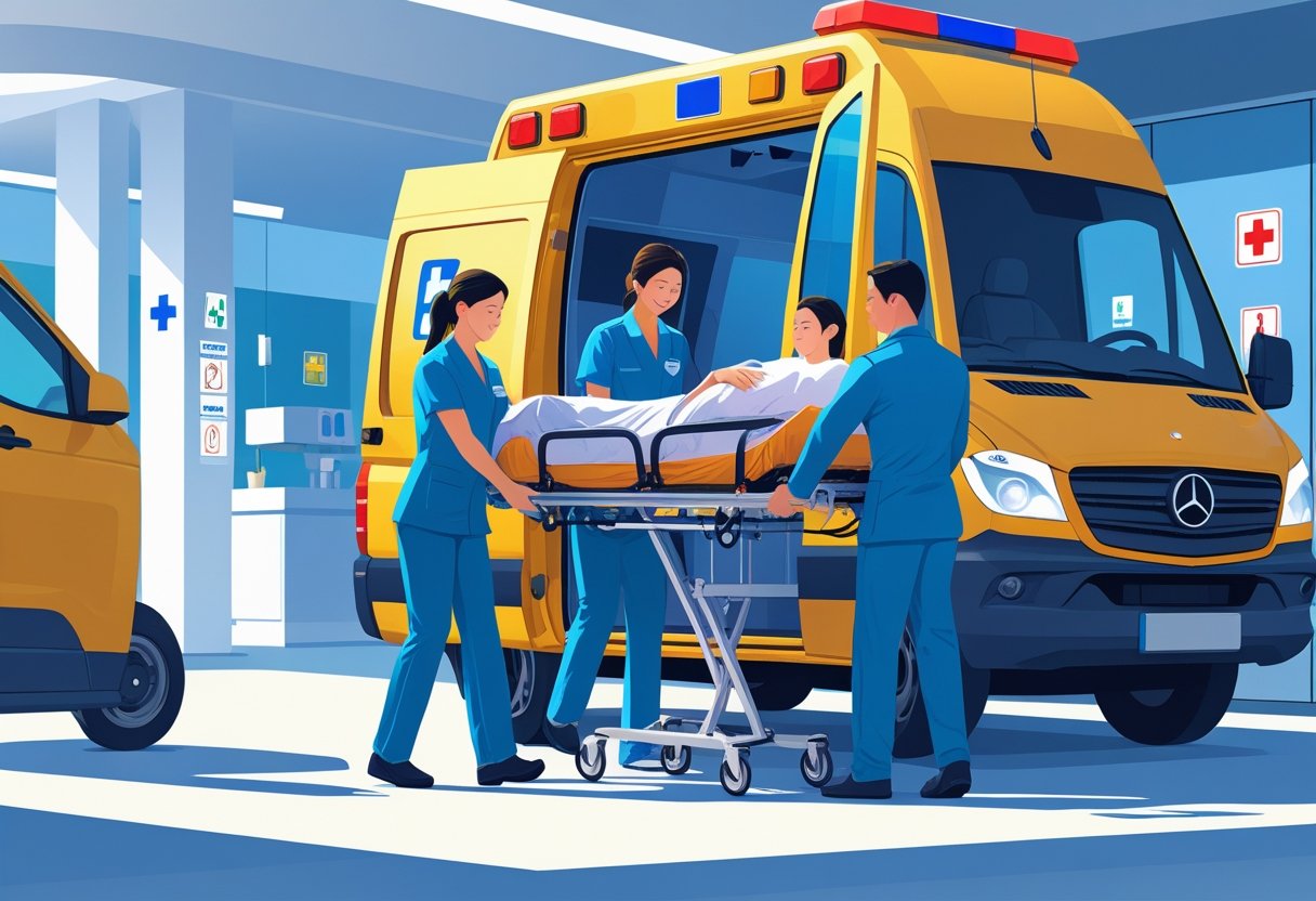 Ambulância estacionada em frente a um hospital com profissionais de saúde ajudando um paciente em uma maca a entrar no veículo.