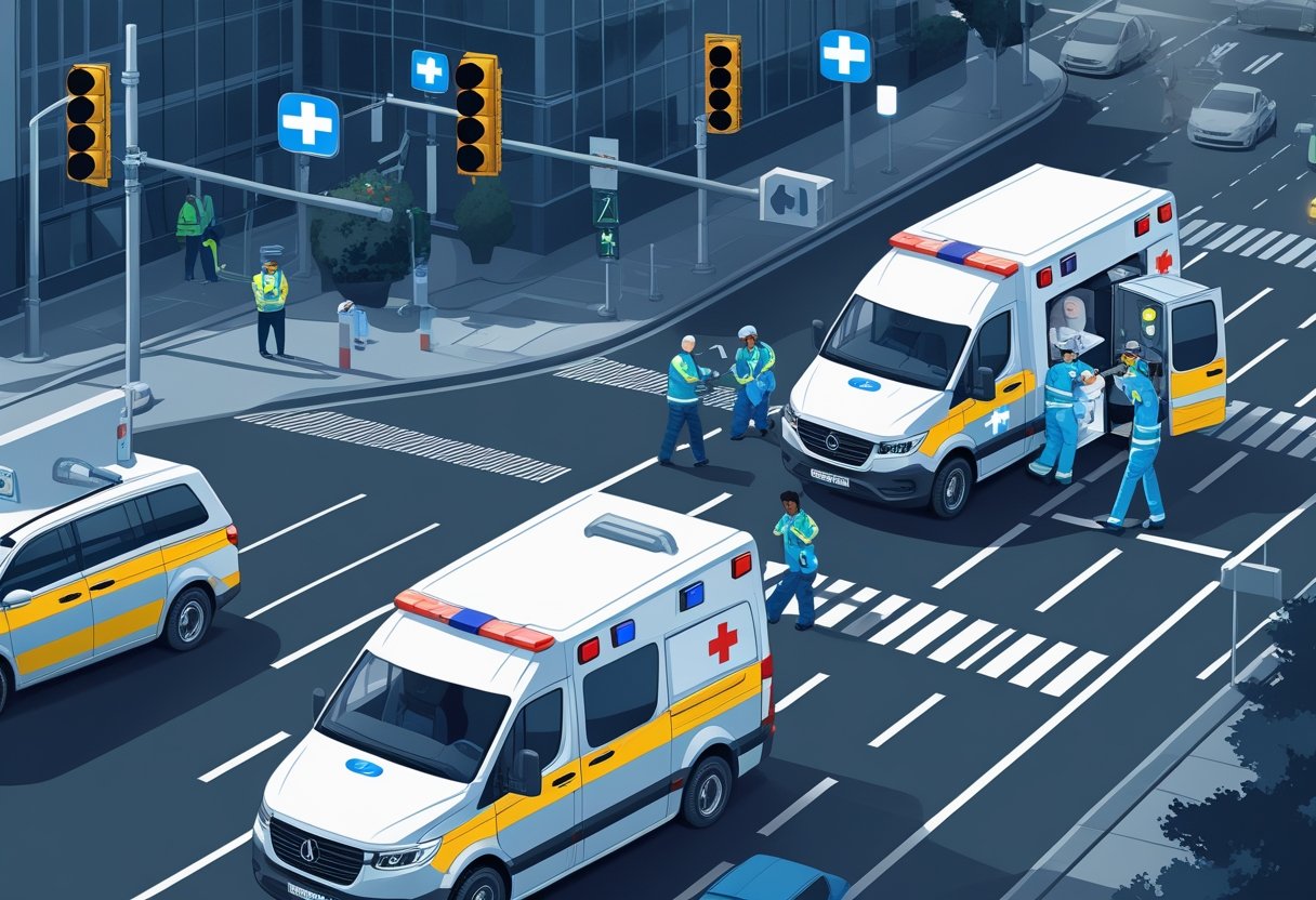 Ambulância em trânsito urbano com paramédicos atendendo paciente, operadores de despacho ao fundo e elementos que mostram melhorias no sistema de transporte.