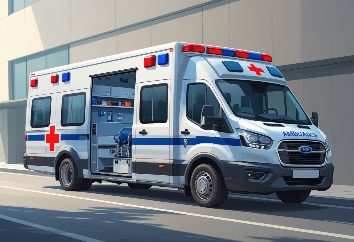 Uma ambulância de transporte tipo A branca com símbolos de emergência, estacionada em uma rua urbana, mostrando a área traseira para transporte de pacientes.