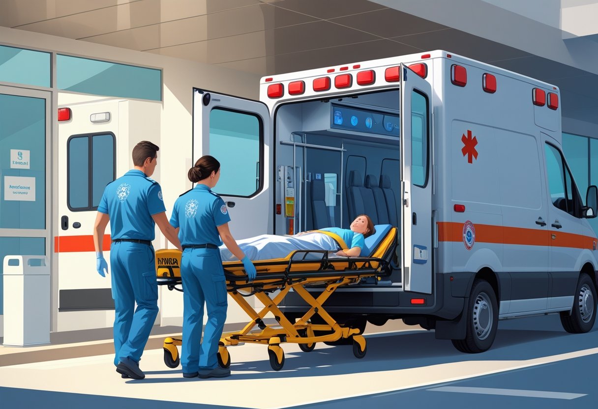Paramédicos ajudando um paciente em uma maca a entrar em uma ambulância estacionada em frente a um hospital.