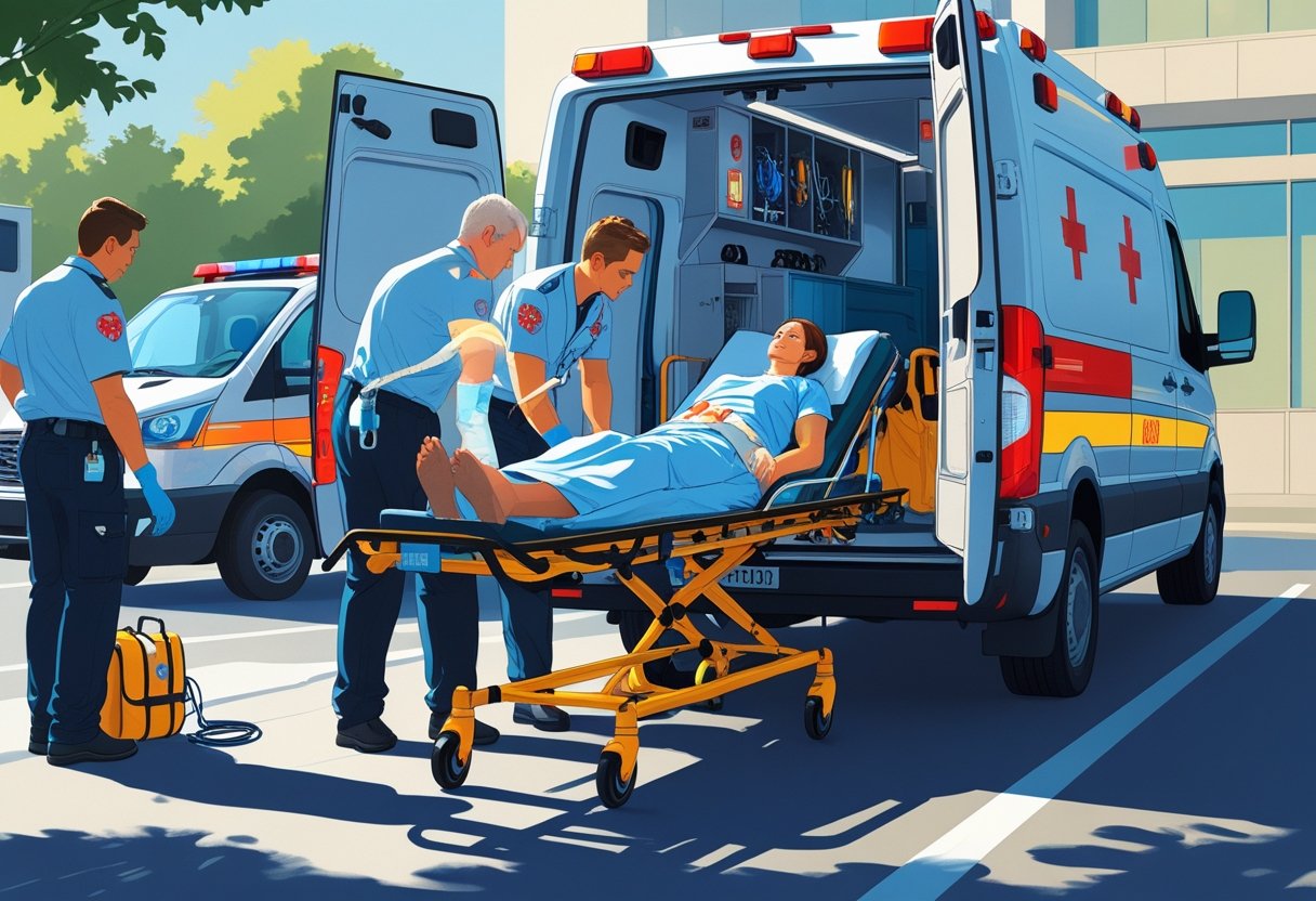 Paramédicos removendo um paciente em uma maca para dentro de uma ambulância estacionada, com equipamentos médicos ao redor.