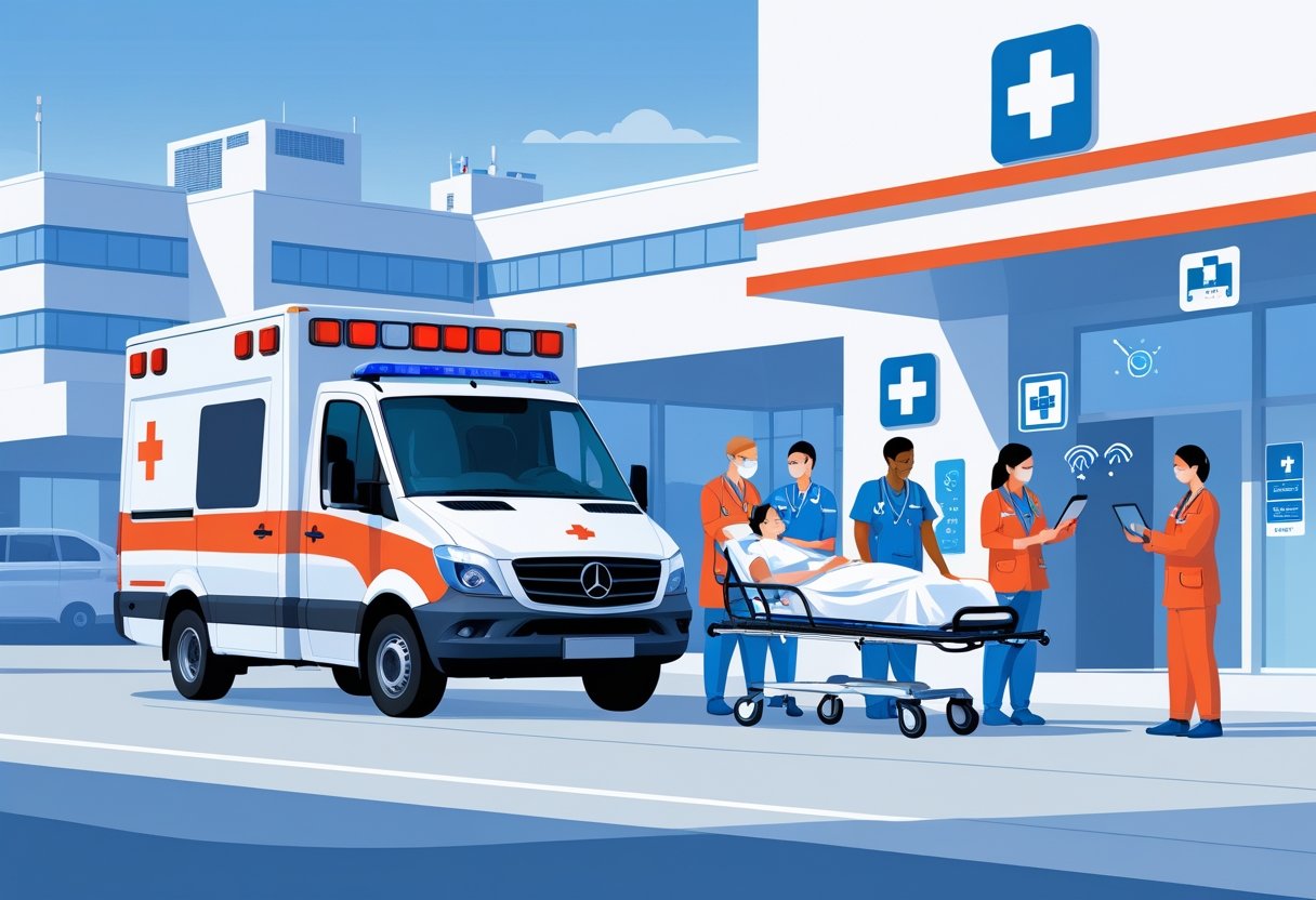 Ambulância estacionada em frente a um hospital, com profissionais de saúde ajudando um paciente em uma maca e outros coordenando o atendimento com dispositivos digitais.