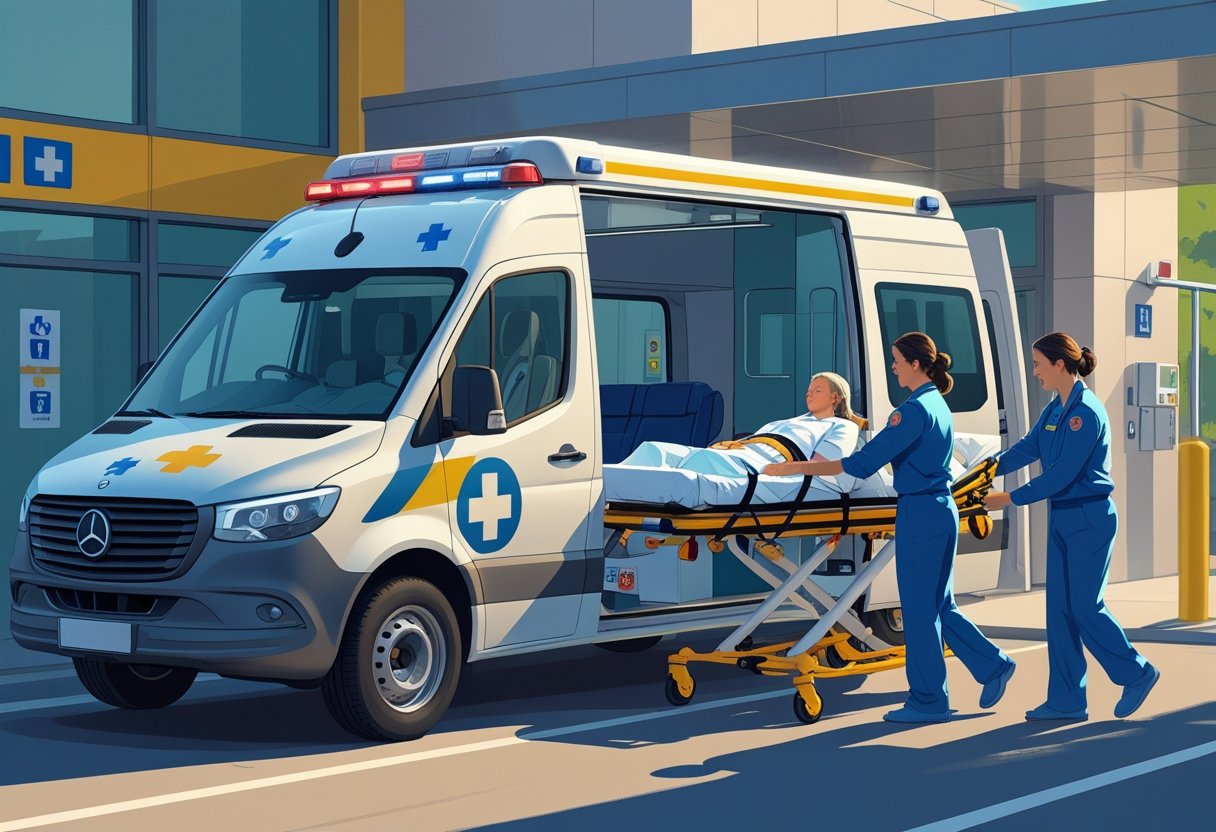 Ambulância estacionada em frente a um hospital com profissionais de saúde ajudando um paciente em uma maca a entrar no veículo.