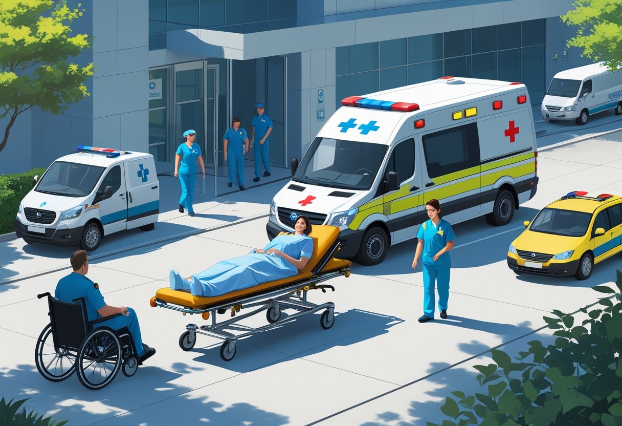 Veículos e profissionais realizando diferentes tipos de transporte médico, incluindo ambulância, van adaptada e maca, em frente a um hospital.