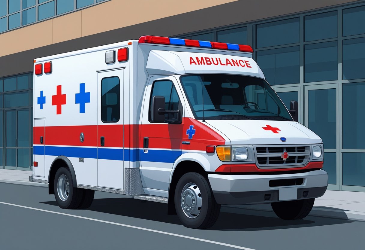 Uma ambulância do tipo A branca com detalhes vermelhos e azuis estacionada em frente a um hospital.