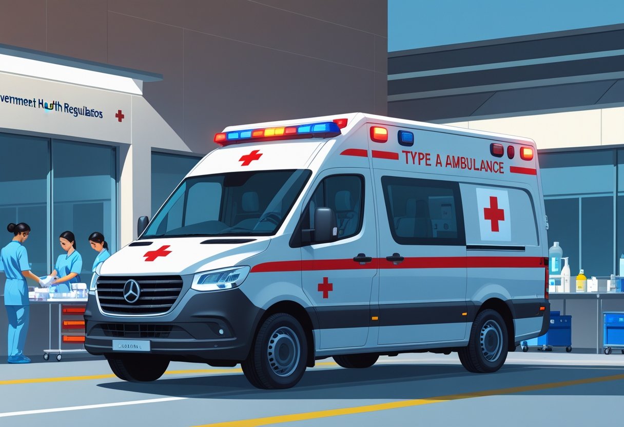 Uma ambulância tipo A estacionada em frente a uma unidade de saúde, com profissionais de saúde ao redor preparando equipamentos médicos.