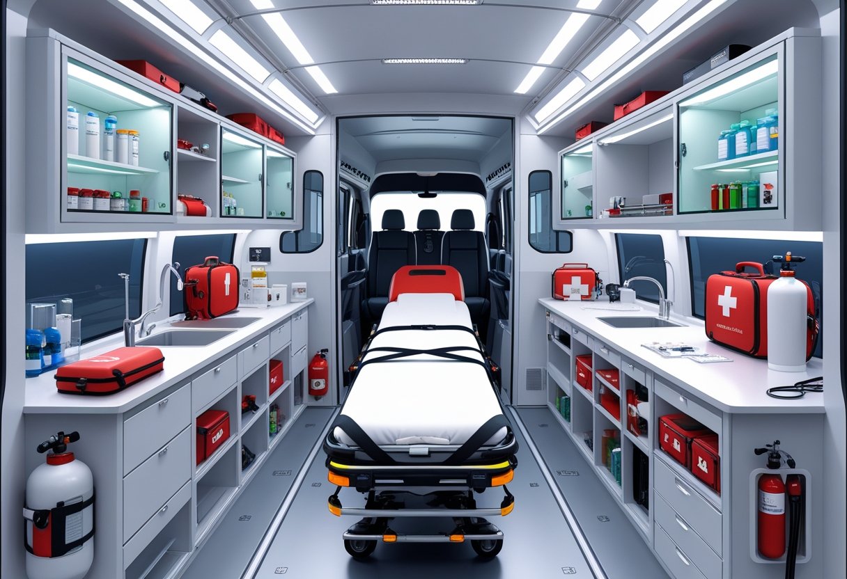 Vista interna de uma ambulância Tipo A mostrando a estrutura e os equipamentos médicos organizados, incluindo maca, tanques de oxigênio e armários com materiais de emergência.