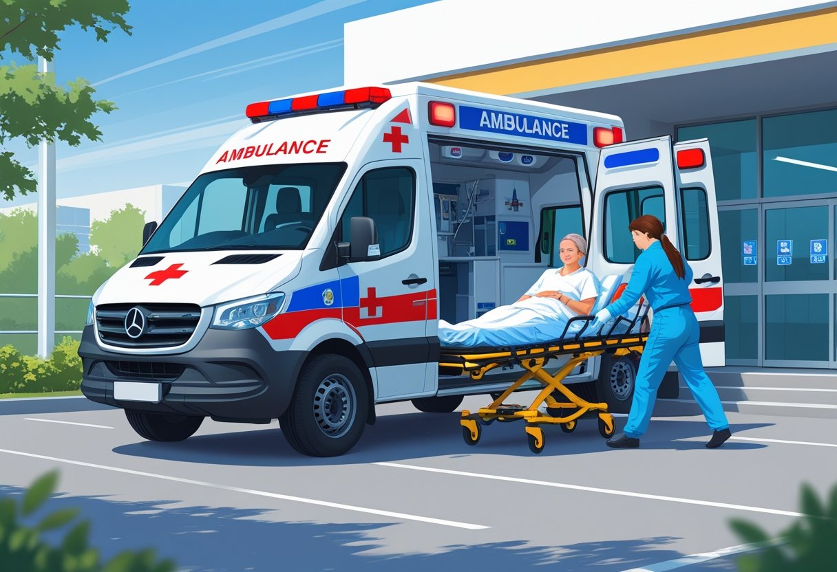 Uma ambulância tipo A estacionada em frente a um hospital, com paramédicos transportando um paciente em uma maca.