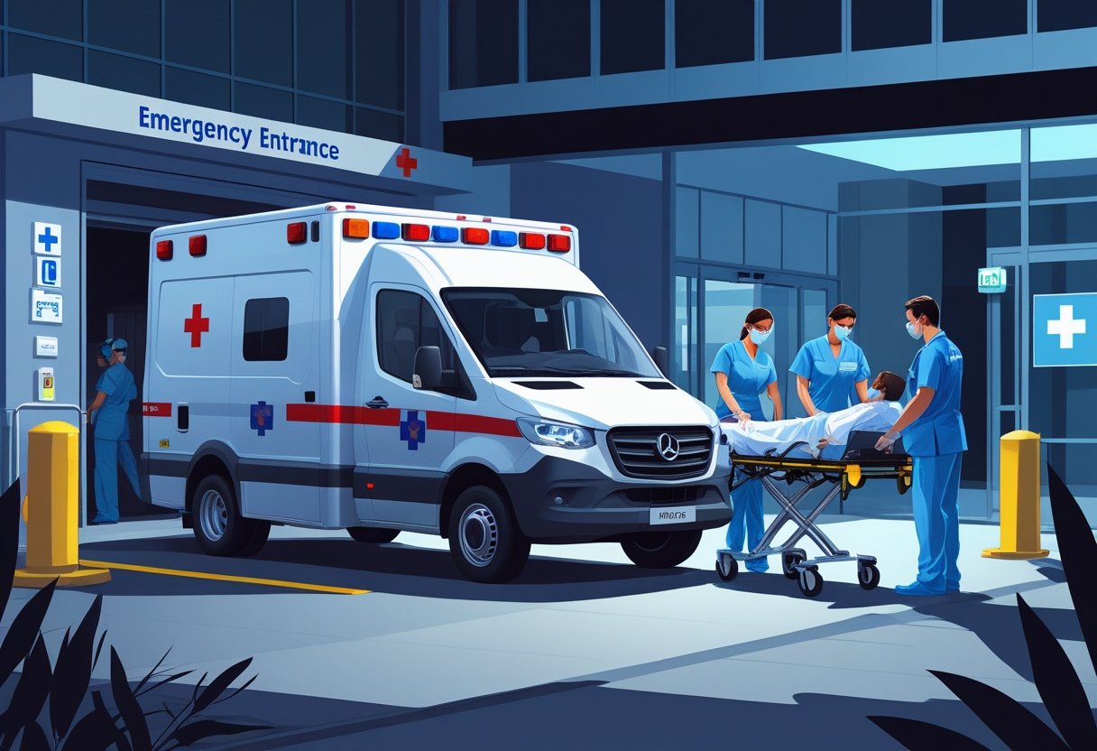 Ambulância Tipo A estacionada na entrada de um hospital, com profissionais de saúde auxiliando um paciente em uma maca.