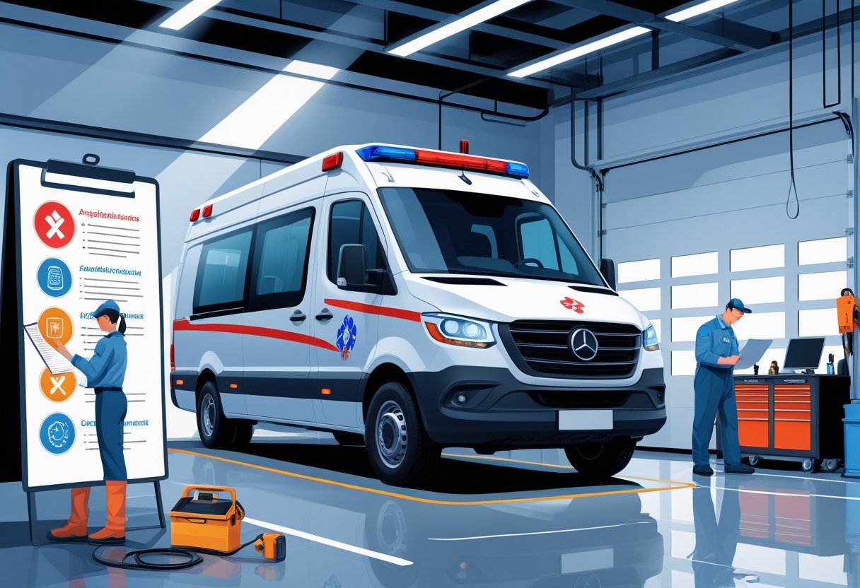 Uma ambulância tipo A moderna sendo inspecionada por profissionais em uma garagem organizada, com ferramentas e documentos ao redor, representando aquisição e manutenção.