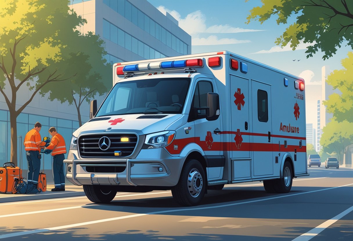 Ambulância tipo A estacionada em uma rua da cidade durante o dia, com paramédicos preparando equipamentos ao lado do veículo.