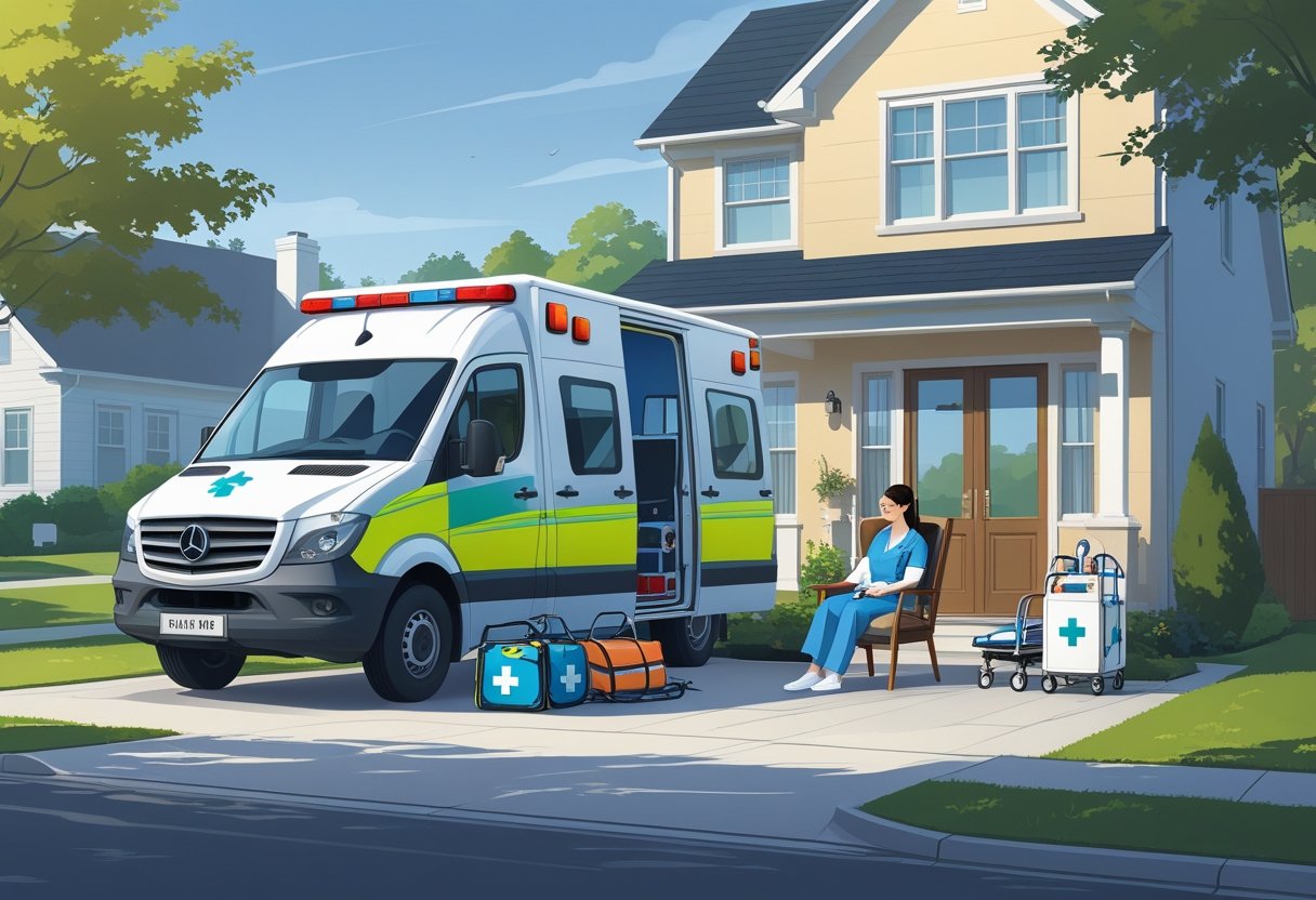 Paramédico atendendo paciente na porta de uma casa com ambulância estacionada do lado de fora.