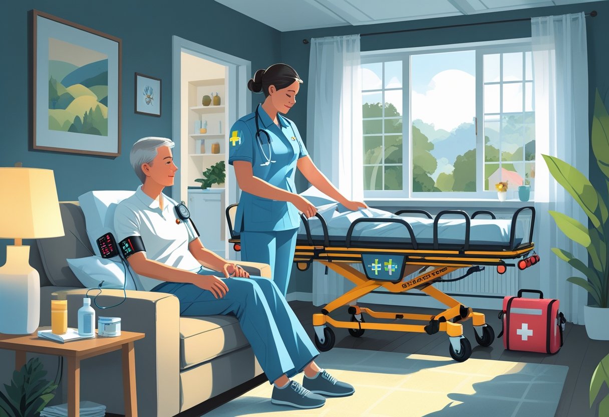 Profissional de saúde atendendo paciente em casa com equipamentos médicos, em uma sala de estar acolhedora.