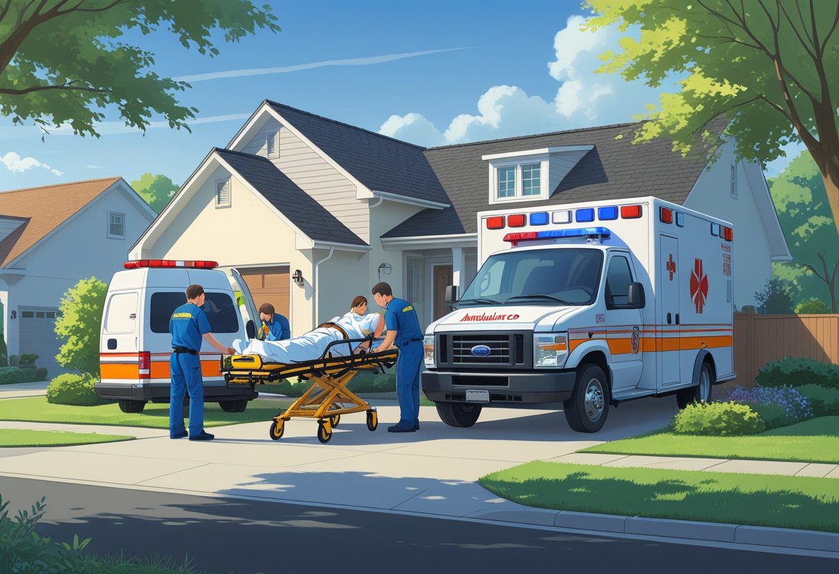 Ambulância estacionada em frente a uma casa residencial, com paramédicos atendendo um paciente em uma maca para transporte.