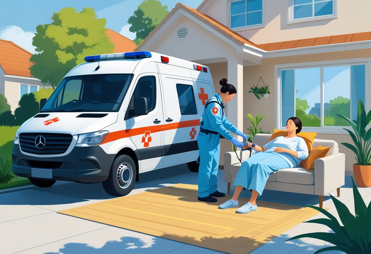 Paramédico atendendo um paciente dentro de uma casa, com ambulância estacionada do lado de fora, em um ambiente residencial.