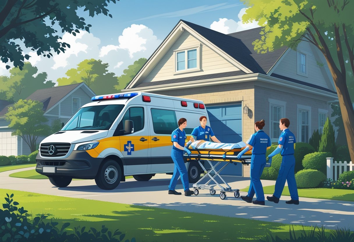 Paramédicos ajudando um paciente em uma maca na frente de uma casa enquanto o ambulância está estacionada, mostrando atendimento médico domiciliar.