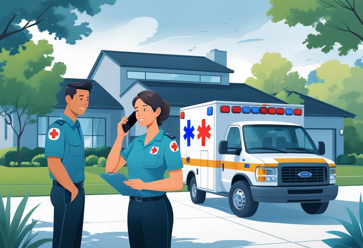 Paramédico conversando com uma pessoa em frente a uma casa, com uma ambulância estacionada na entrada, representando o serviço de ambulância em casa.